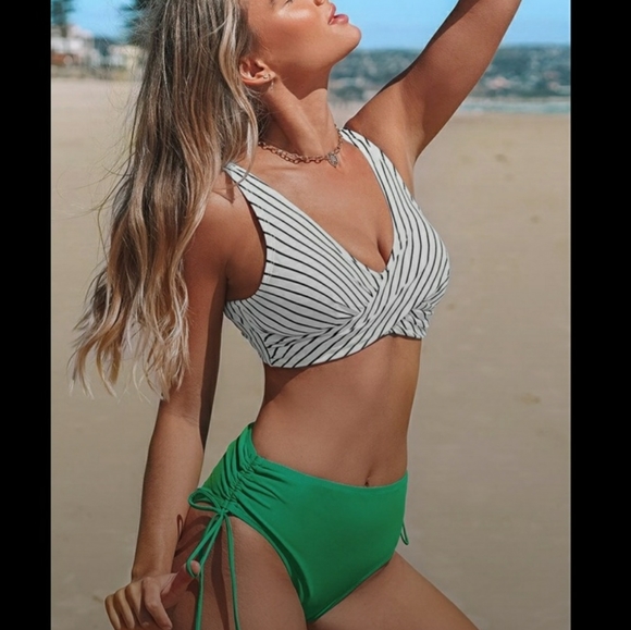 Cupshe Stripe Bikini With Green Cinched Bottom - Picture 2 of 9